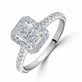 Platinum Radiant Cut Diamond Octagonal Halo Cluster Ring with Diamond Shoulders