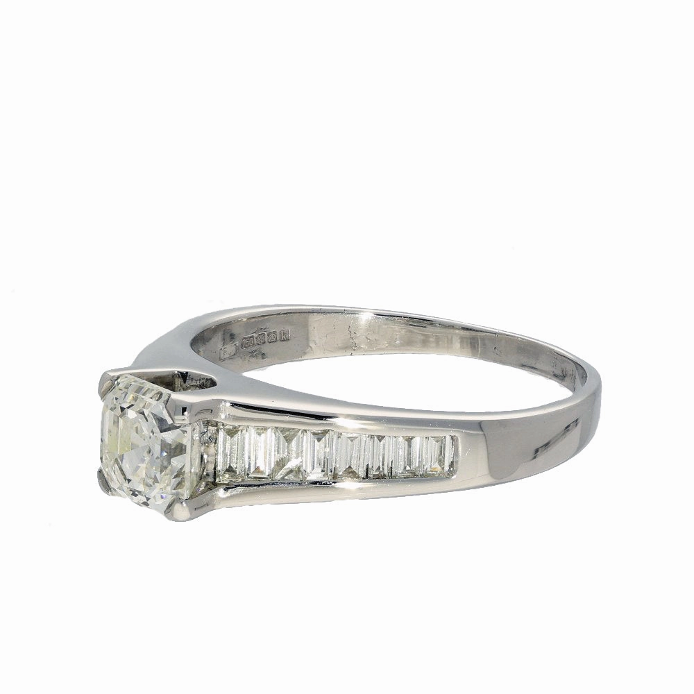 Pre-loved 18ct White Gold 1.25ct Asscher Cut Diamond Solitaire with Baguette Shoulders Ring