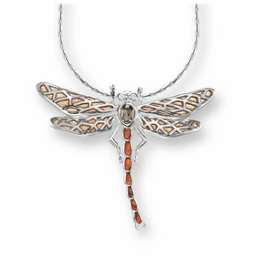 Silver & Enamel Orange Dragonfly Pendant