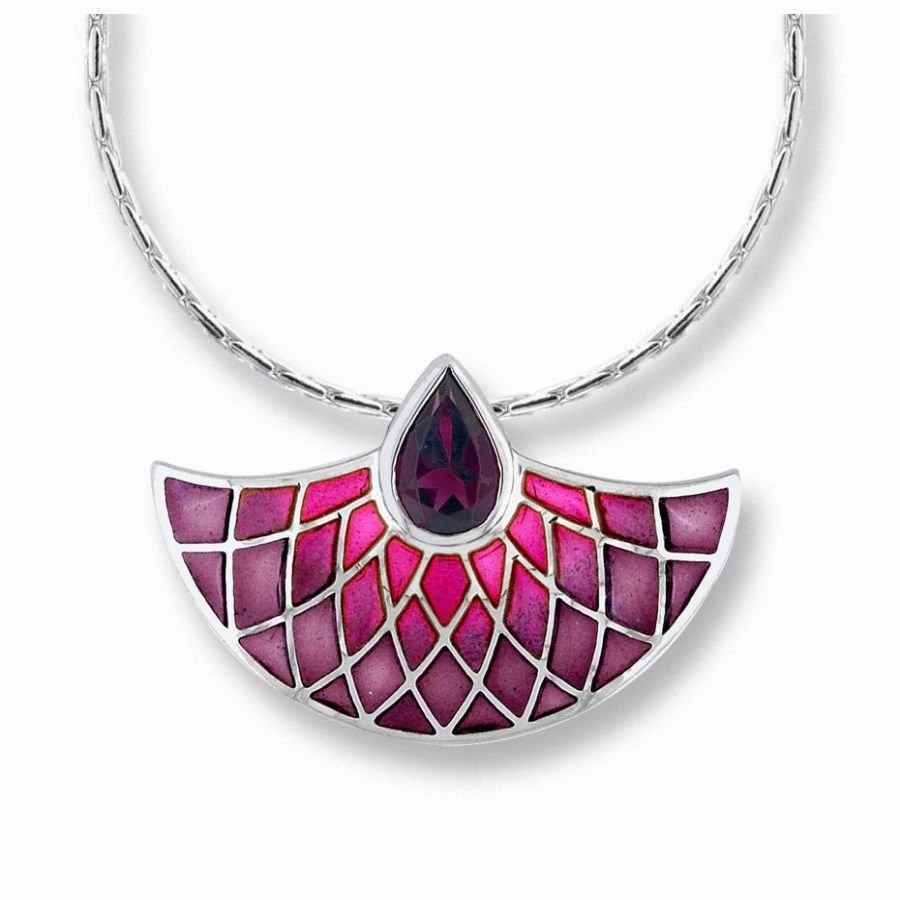 Silver & Enamel Rhodolite Set Pink Fan Pendant
