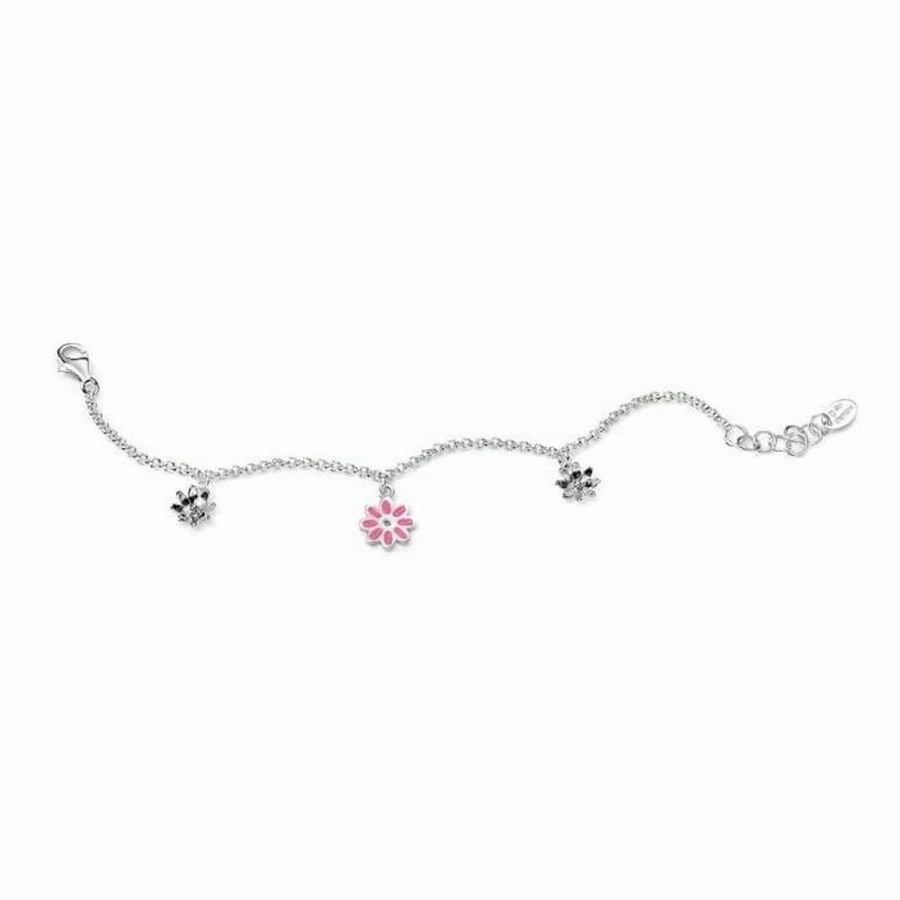 Silver & Pink Enamel Diamond Set Flower Bracelet