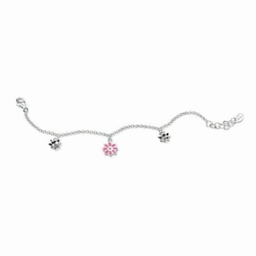 Silver & Pink Enamel Diamond Set Flower Bracelet