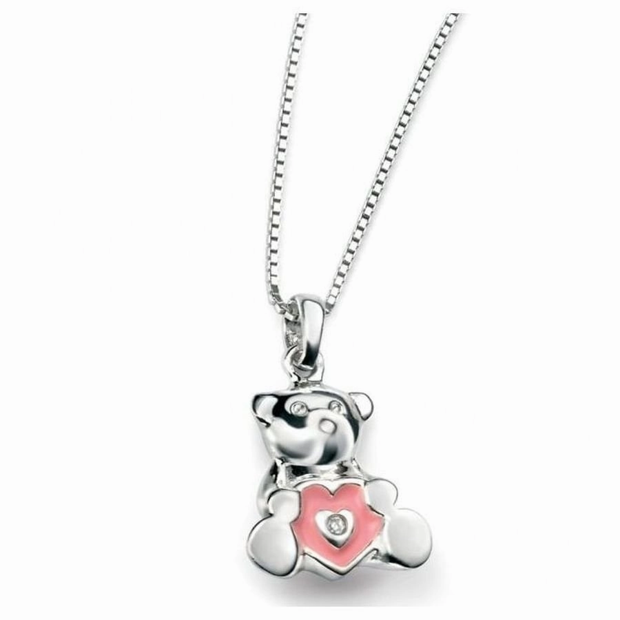 Silver & Pink Enamel Diamond Set Teddy Bear Pendant