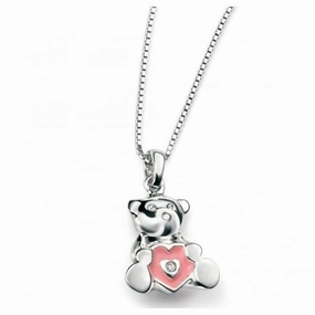 Silver & Pink Enamel Diamond Set Teddy Bear Pendant