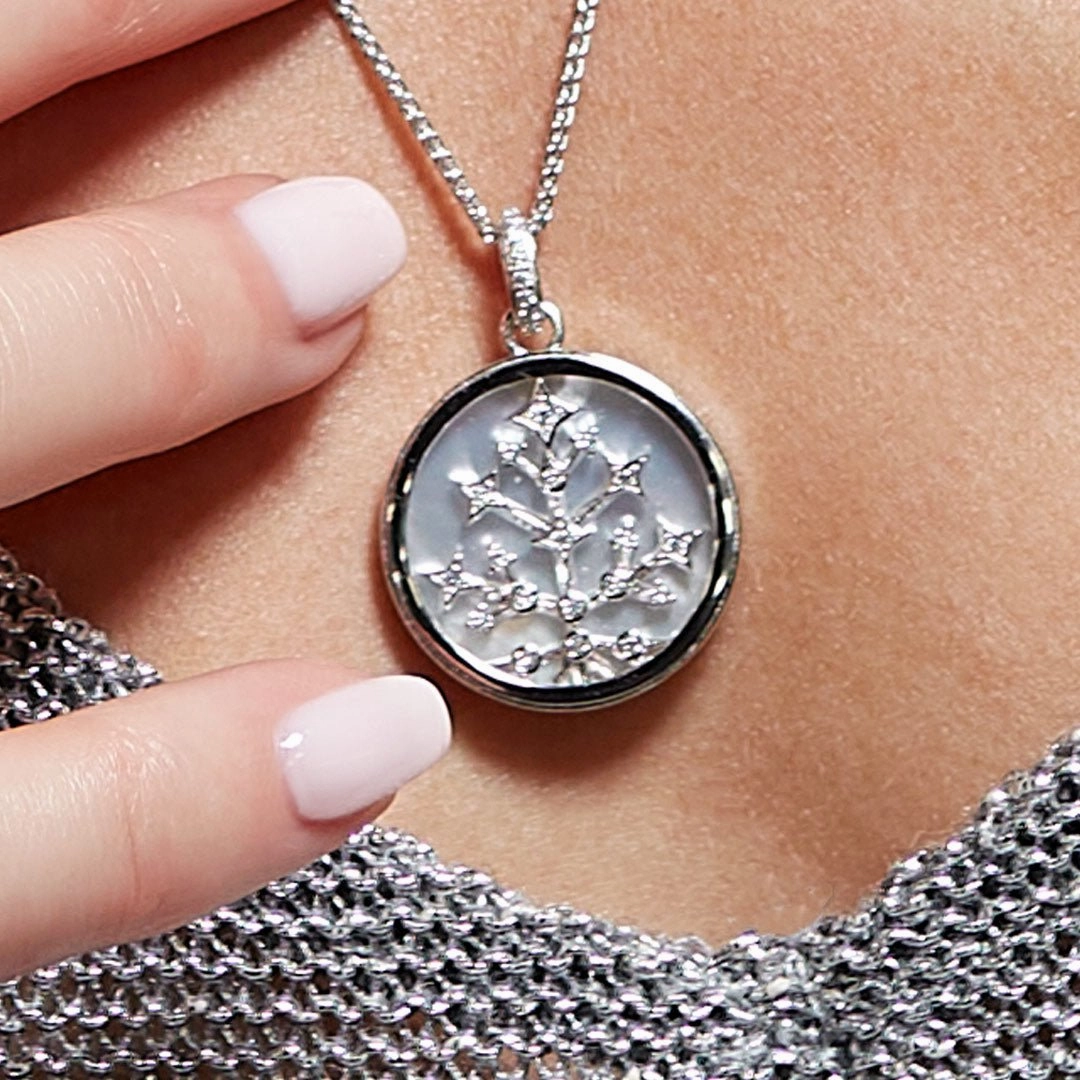 Silver Cleste Astoria Family Tree of Life Mother of Pearl Double Sided Necklace