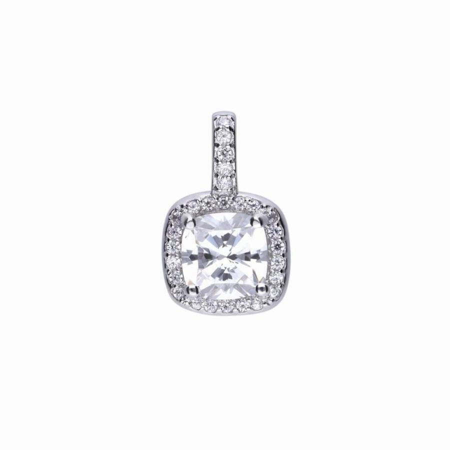 Silver Cushion Shaped Cubic Zirconia Halo Cluster Pendant
