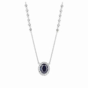 Silver Oval Blue & White Cubic Zirconia Halo Cluster Pendant
