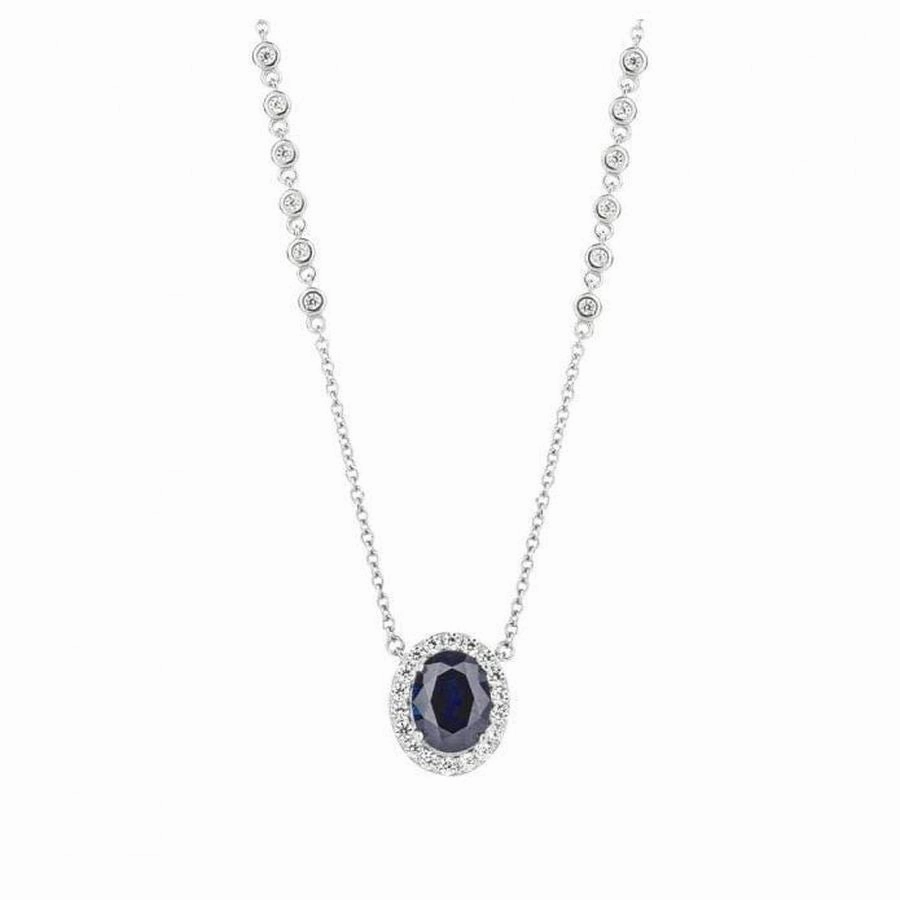 Silver Oval Blue & White Cubic Zirconia Halo Cluster Pendant
