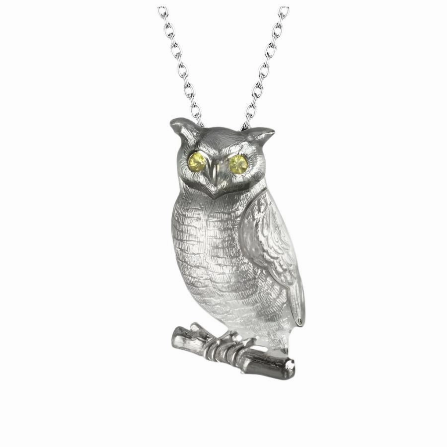 Silver Yellow Sapphire Set Owl Pendant