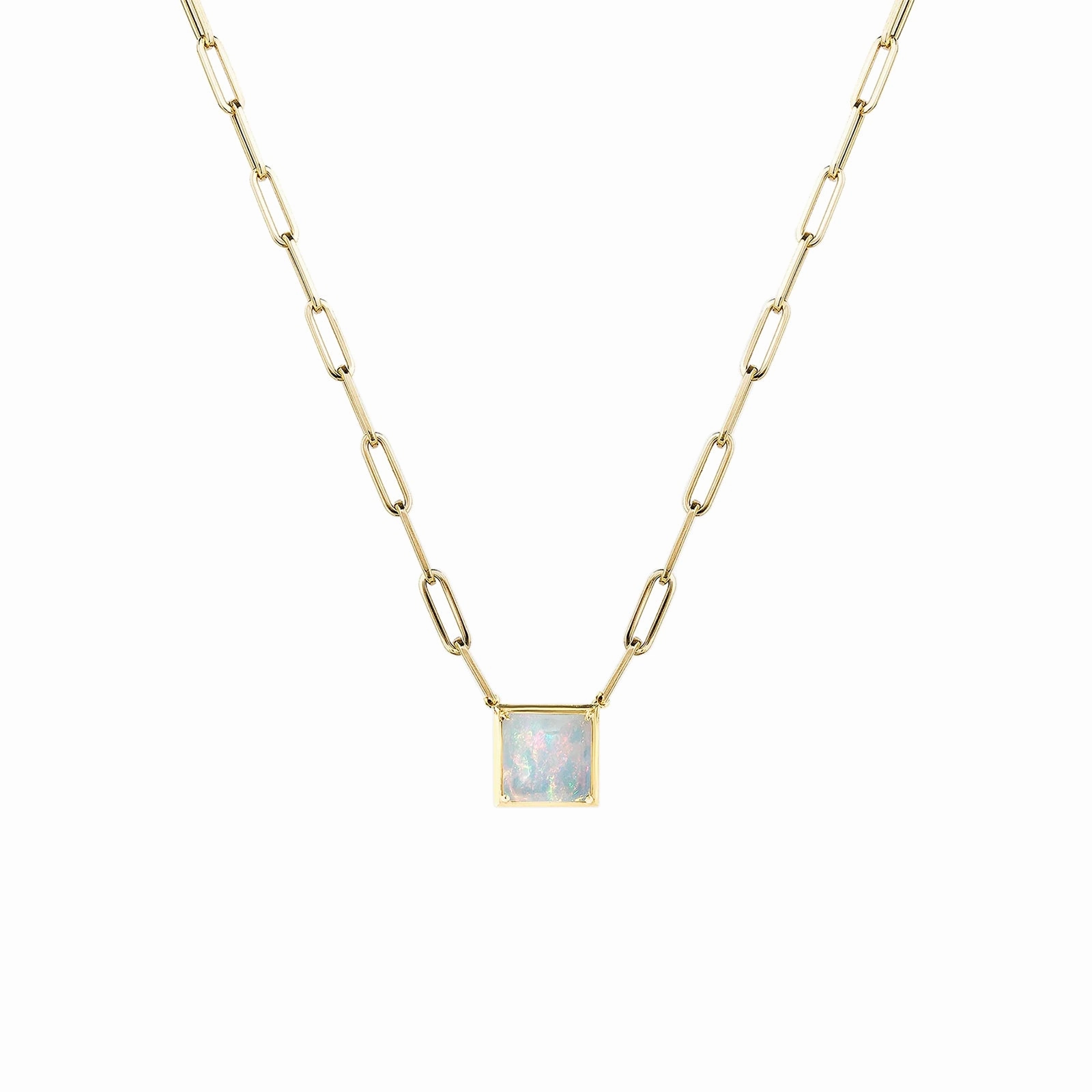 Square Shaped Opal Pendant with Paperclip Chain