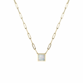 Square Shaped Opal Pendant with Paperclip Chain