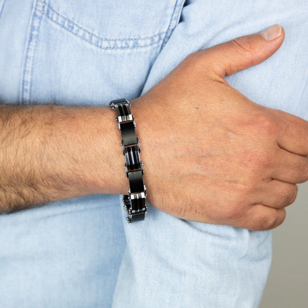 Stainless Steel Black And Silver Hinged 21cm Bracelet