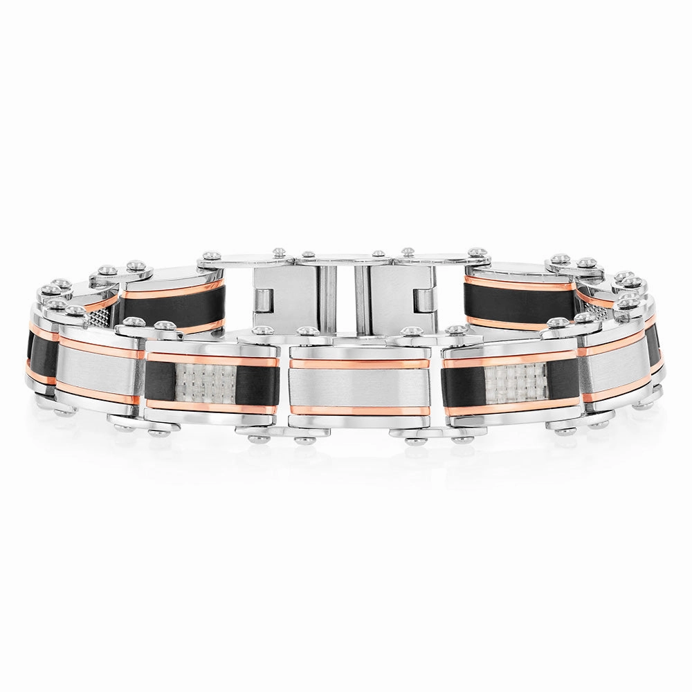Stainless Steel Multi Tone Silver Black And Chocolate 21cm Bracelet