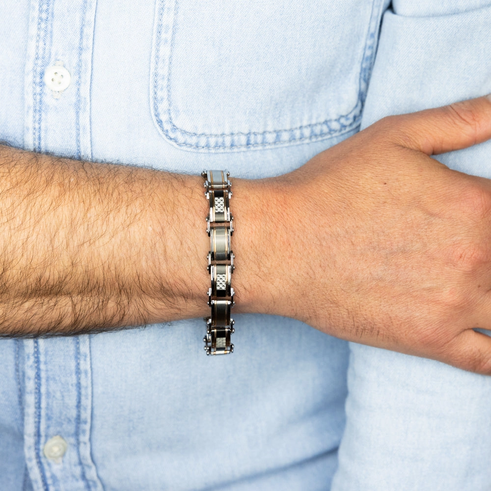 Stainless Steel Multi Tone Silver Black And Chocolate 21cm Bracelet