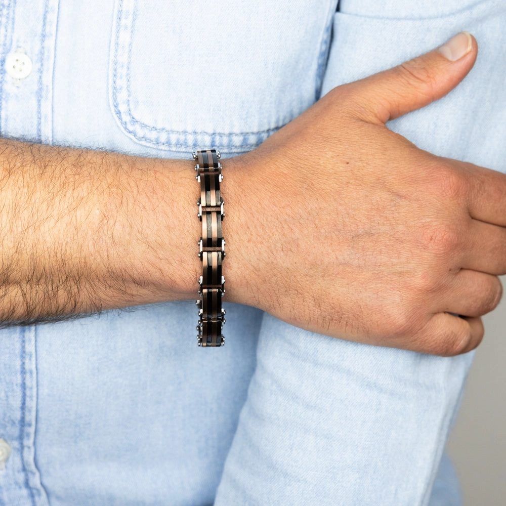 Stainless Steel Multo Tone Black Silver And Chocolate Hinged 21cm Bracelet