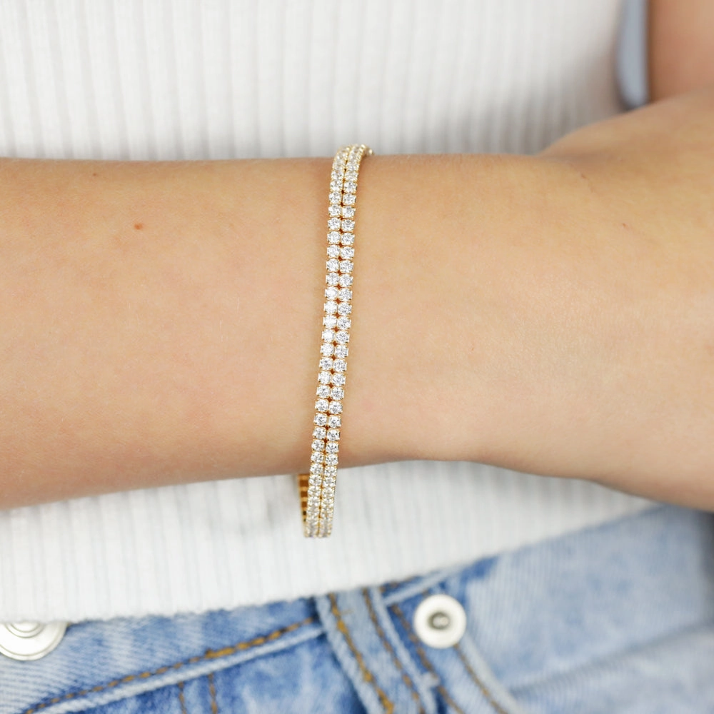 Sterling Silver Gold Plated 2mm Cubic Zirconia Double Row 16 3cm Tennis Bracelet