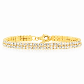 Sterling Silver Gold Plated 2mm Cubic Zirconia Double Row 16 3cm Tennis Bracelet