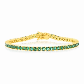 Sterling Silver Gold Plated 3mm Emerald Green Color Cubic Zirconia 19cm Bracelet