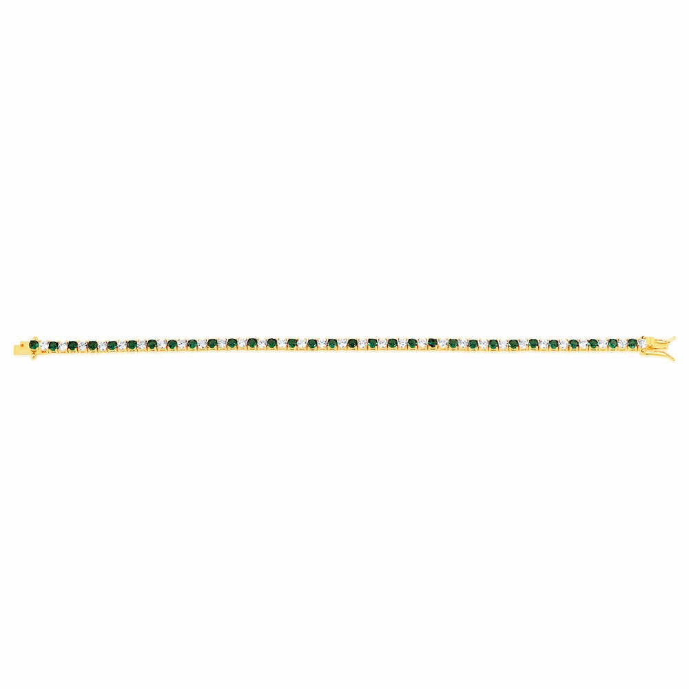 Sterling Silver Gold Plated 3mm White And Emerald Green Cubic Zirconia 19cm Bracelet