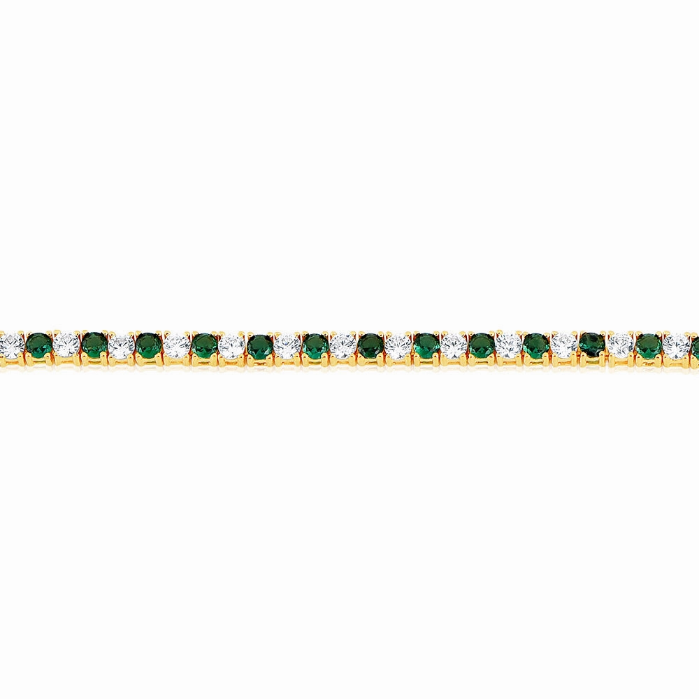 Sterling Silver Gold Plated 3mm White And Emerald Green Cubic Zirconia 19cm Bracelet