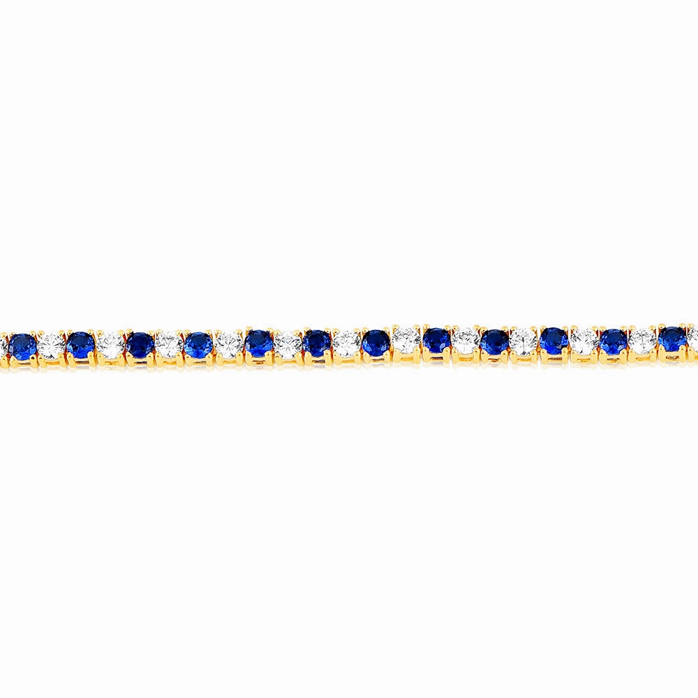 Sterling Silver Gold Plated 3mm White And Sapphire Blue Cubic Zirconia 19cm Bracelet