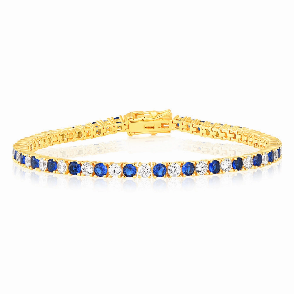 Sterling Silver Gold Plated 3mm White And Sapphire Blue Cubic Zirconia 19cm Bracelet