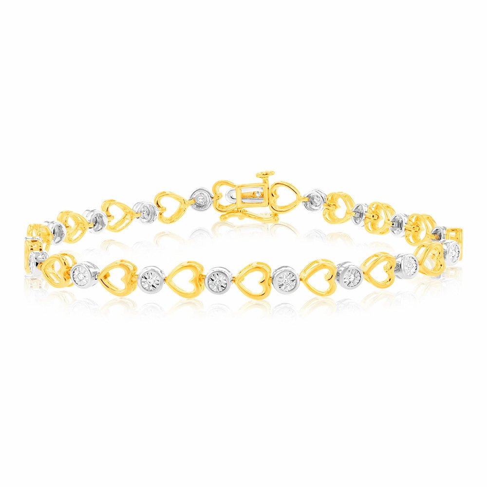 Sterling Silver Gold Plated Diamond Bracelet with Heart Design