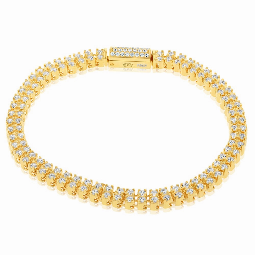 Sterling Silver Gold Plated Double Row Cubic Zirconia Tennis 19cm Bracelet