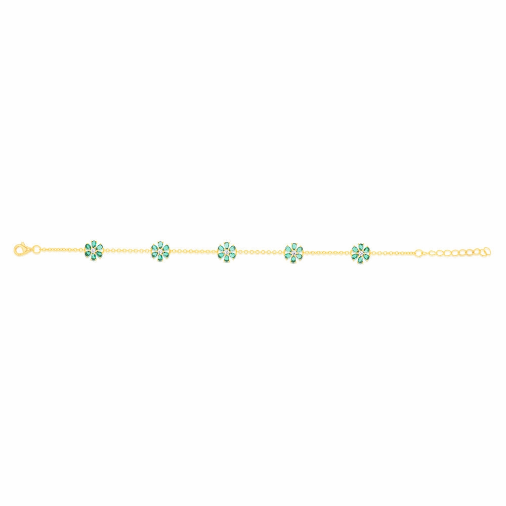 Sterling Silver Gold Plated Green Cubic Zirconia Flower Charm Bracelet
