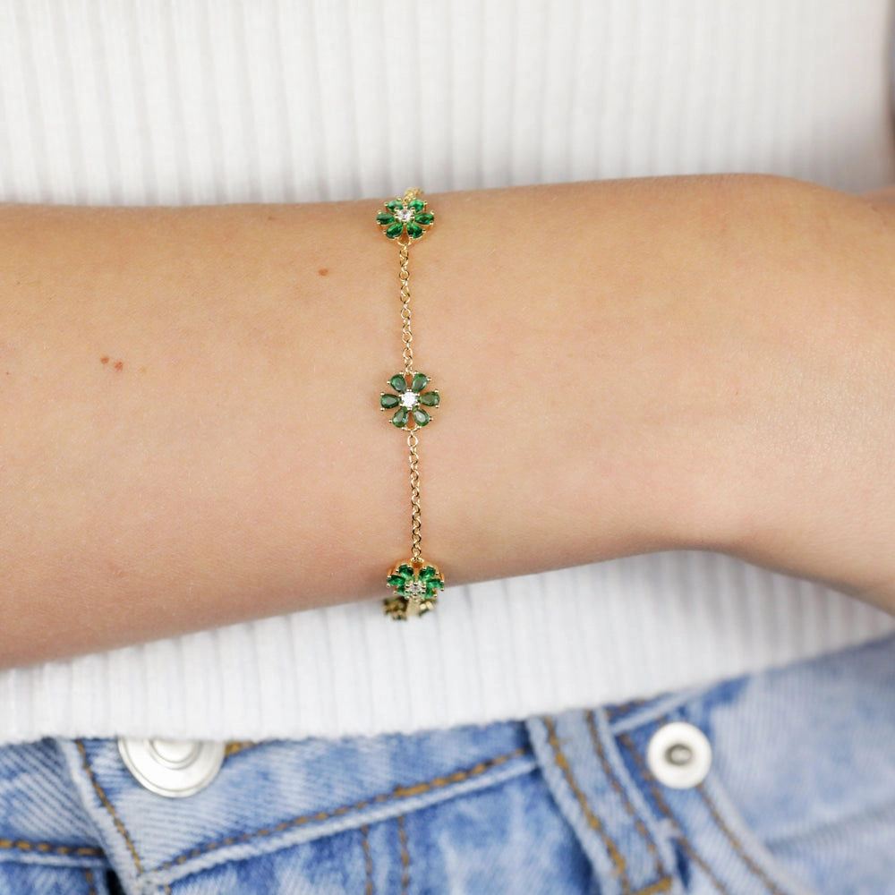 Sterling Silver Gold Plated Green Cubic Zirconia Flower Charm Bracelet