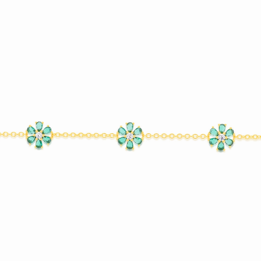 Sterling Silver Gold Plated Green Cubic Zirconia Flower Charm Bracelet