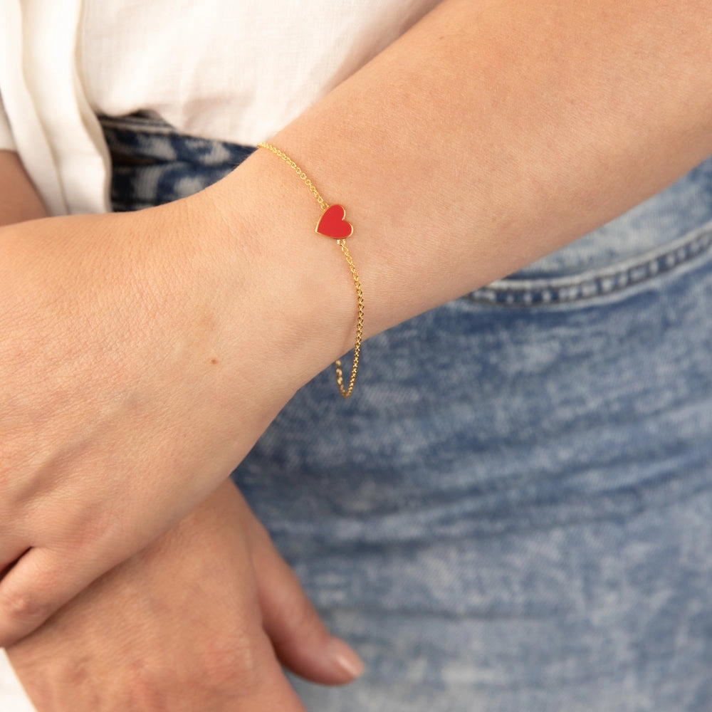 Sterling Silver Gold Plated Red Enamel Heart Charm 16 3cm Bracelet