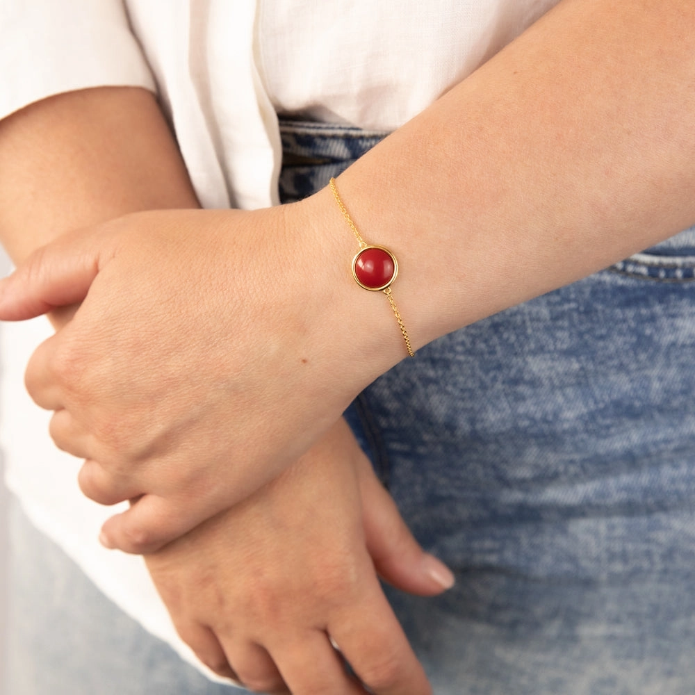 Sterling Silver Gold Plated Synthetic Red Coral Charm 16 3cm Bracelet