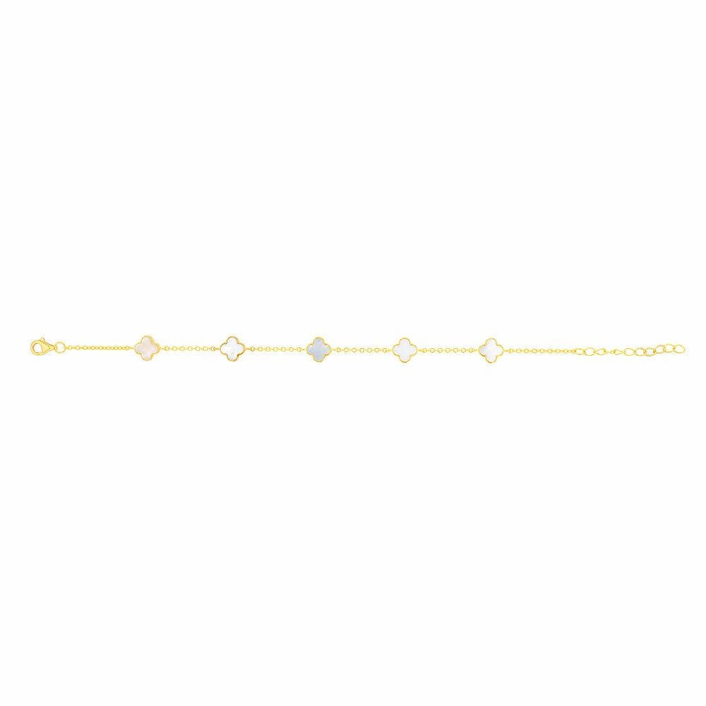 Sterling Silver Gold Plated White Shell Pearl Four Leaf Clover Charm Bracelet