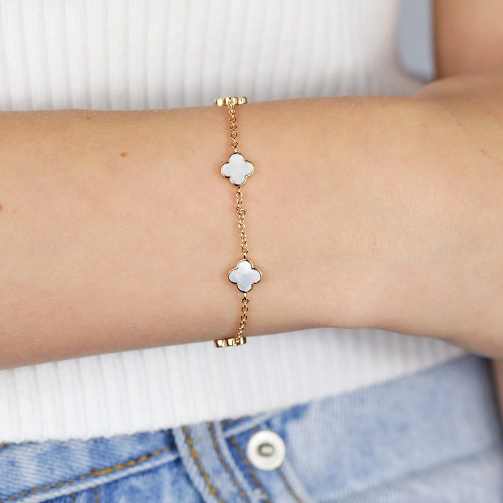 Sterling Silver Gold Plated White Shell Pearl Four Leaf Clover Charm Bracelet