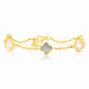 Sterling Silver Gold Plated White Shell Pearl Four Leaf Clover Charm Bracelet