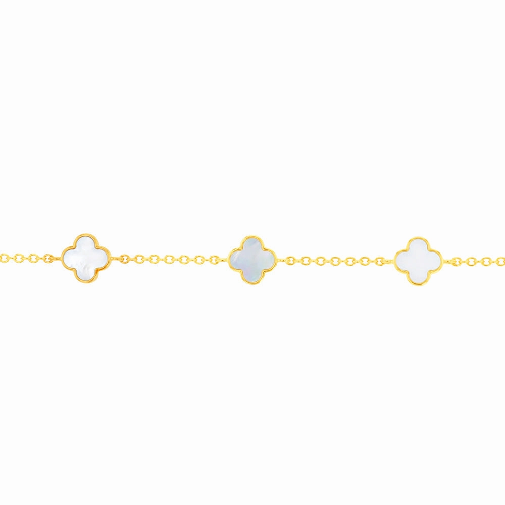 Sterling Silver Gold Plated White Shell Pearl Four Leaf Clover Charm Bracelet