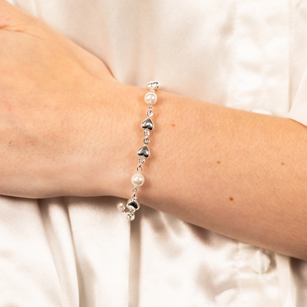 Sterling Silver Heart And Bead Charm 19cm Bracelet