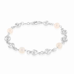Sterling Silver Heart And Bead Charm 19cm Bracelet