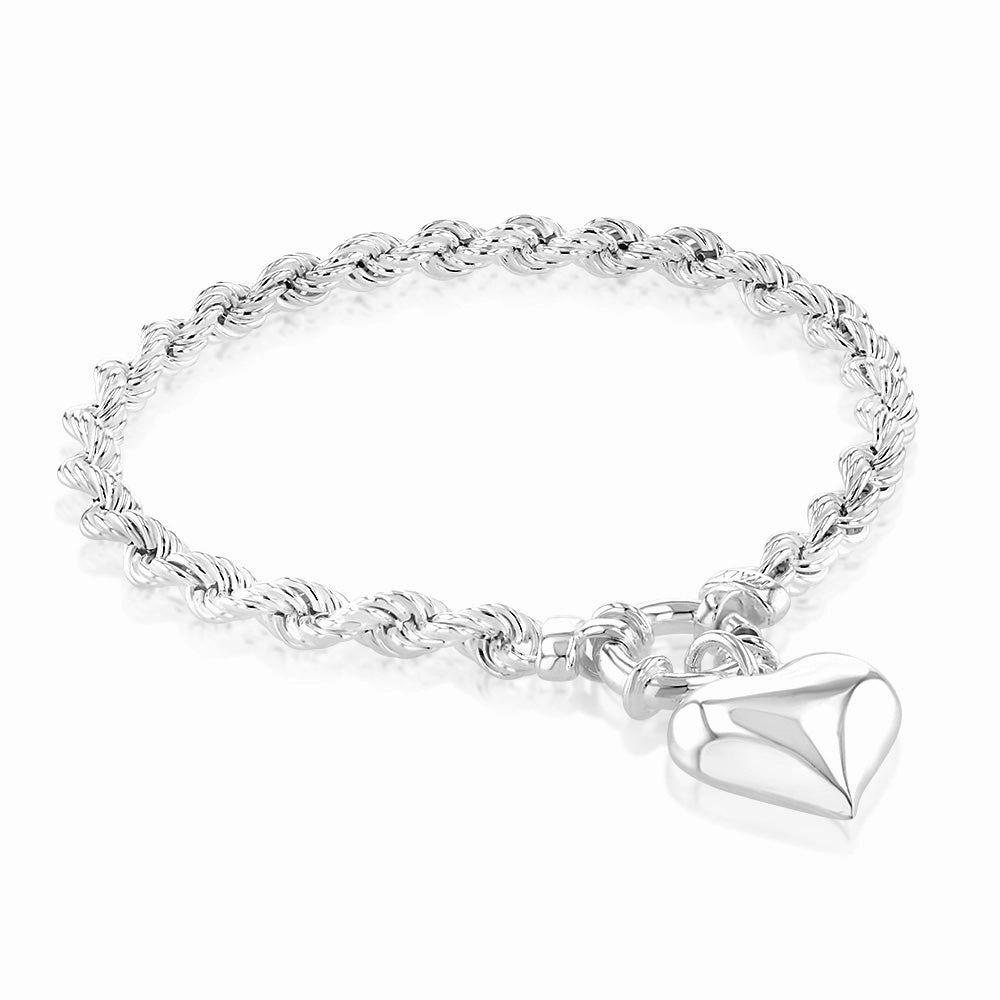 Sterling Silver Heart Charm Bolt Ring Clasp 90 Gauge Rope 19cm Bracelet