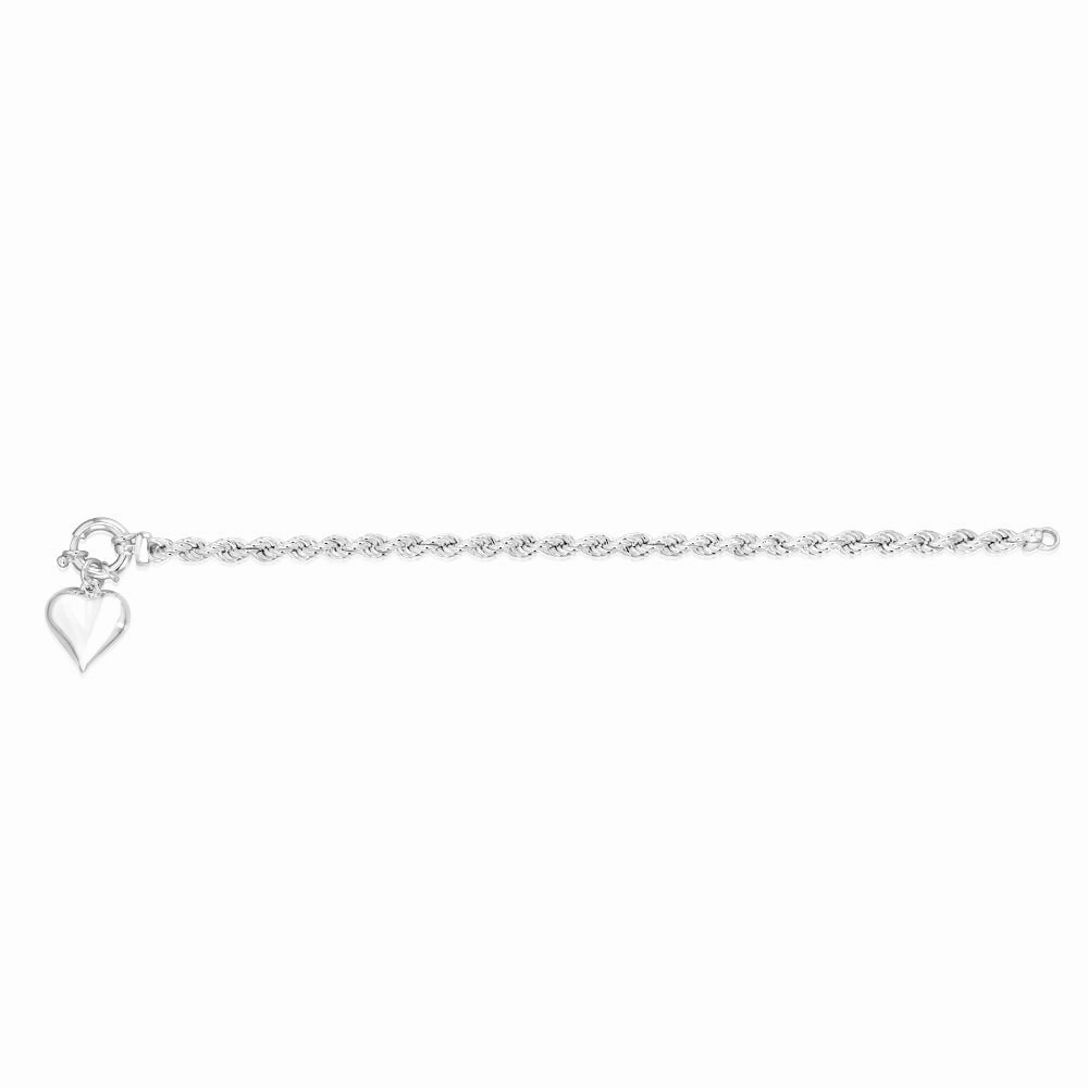 Sterling Silver Heart Charm Bolt Ring Clasp 90 Gauge Rope 19cm Bracelet