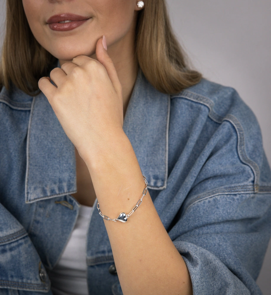 Sterling Silver Heart Paperclip 19cm Bracelet
