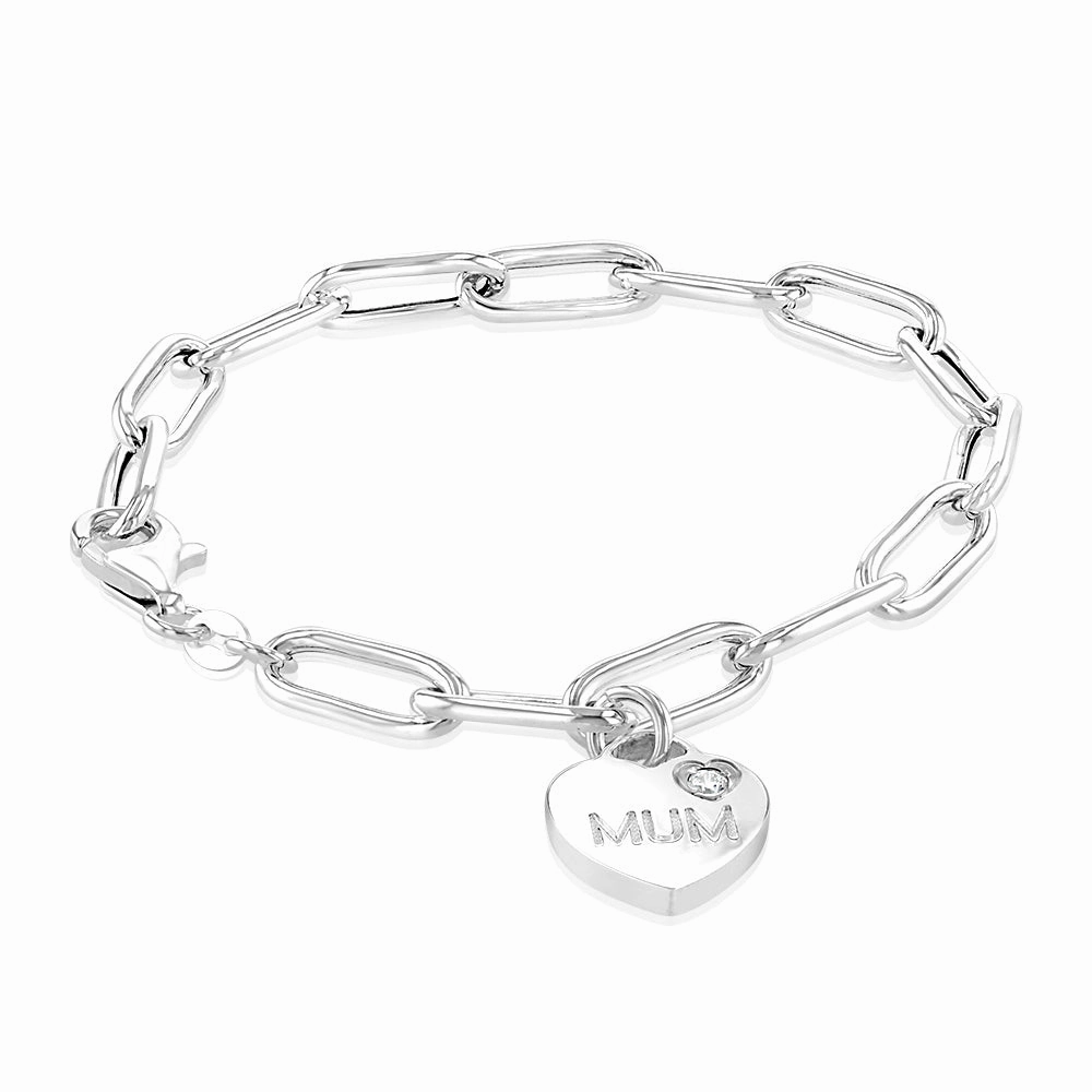 Sterling Silver Mum Heart Charm Paperclip 19cm Bracelet