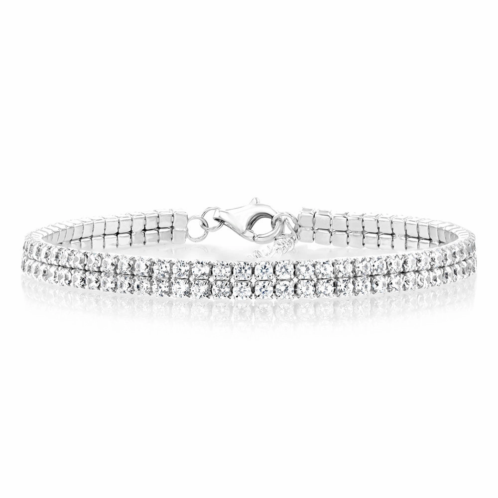 Sterling Silver Rhodium Plated 2mm Cubic Zirconia Two Row 16 3cm Tennis Bracelet