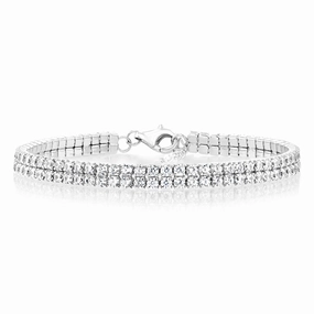 Sterling Silver Rhodium Plated 2mm Cubic Zirconia Two Row 16 3cm Tennis Bracelet