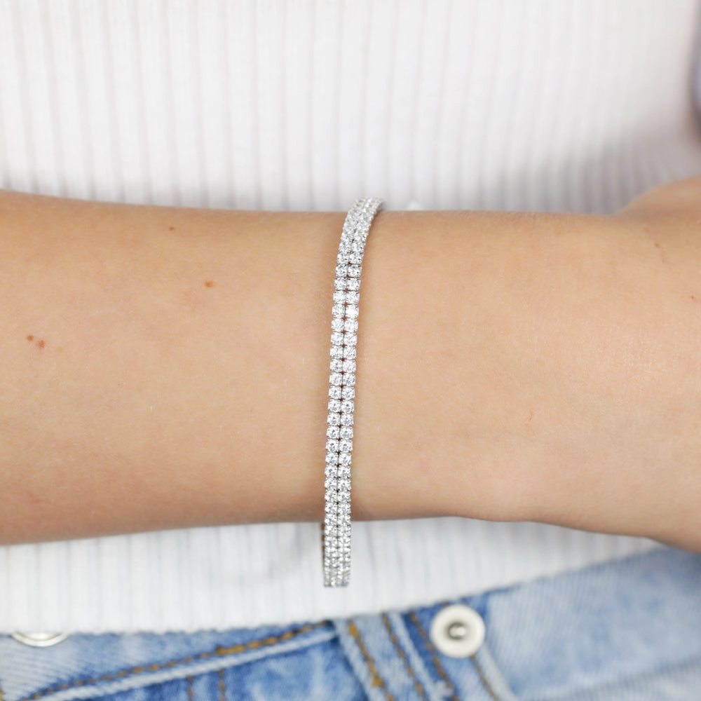 Sterling Silver Rhodium Plated 2mm Cubic Zirconia Two Row 16 3cm Tennis Bracelet