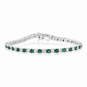 Sterling Silver Rhodium Plated 3mm White And Emerald Green Cubic Zirconia 19cm Bracelet