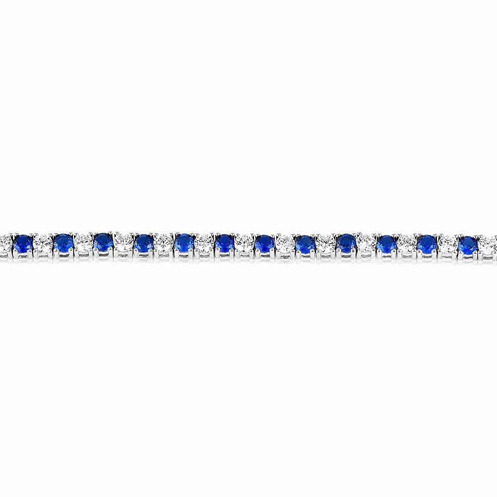 Sterling Silver Rhodium Plated 3mm White And Sapphire Blue Cubic Zirconia 19cm Bracelet