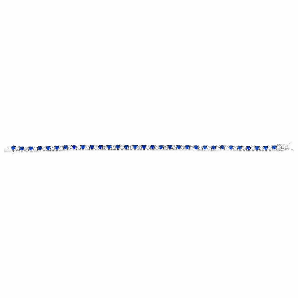 Sterling Silver Rhodium Plated 3mm White And Sapphire Blue Cubic Zirconia 19cm Bracelet