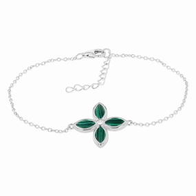 Sterling Silver Rhodium Plated Created Malachite Four Petal 16 4cm Bracelet